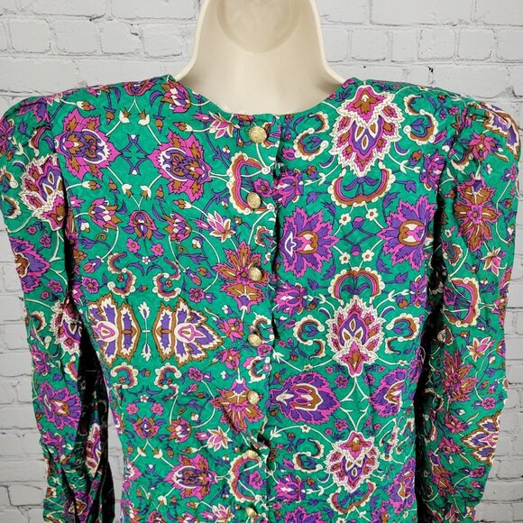 NWT VTG Richard Warren Green 100% Silk Floral Gold Button Long Sleeve Blouse 4 - Picture 6 of 16
